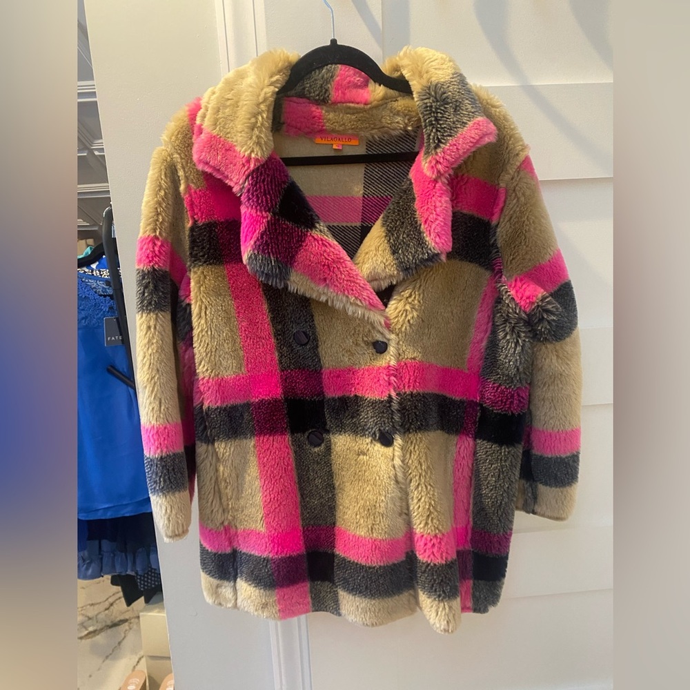 Anthropologie Vilagallo Plaid with hot pink statement teddy jacket - Picture 4 of 8